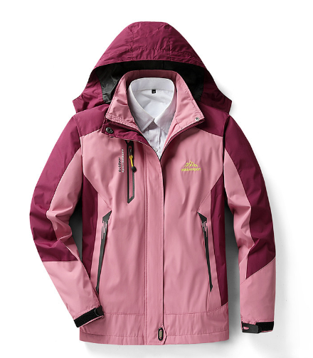 Ryggvisning av dame 3-i-1 jakke med fleecefôr, viser justerbar hette. Ideell vinterjakke for turer.