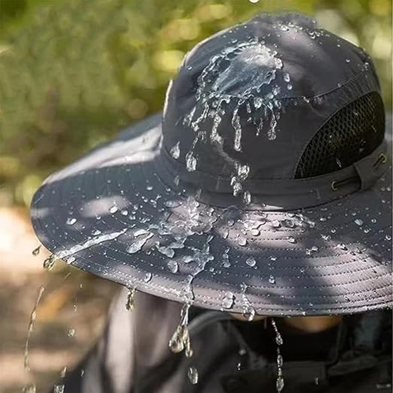 Bakside av justerbar unisex fiskehatt, viser nakkehatt for utvidet UV-beskyttelse i solen.