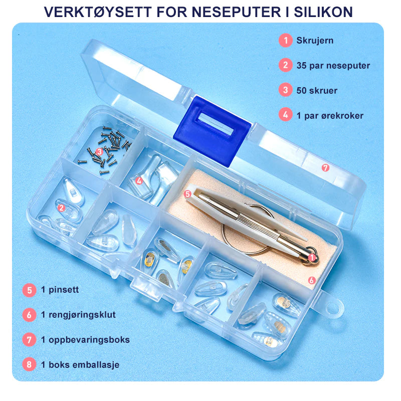 Reparasjonssett for briller med silikon neseputer, for langvarig optimal komfort og støtte.
