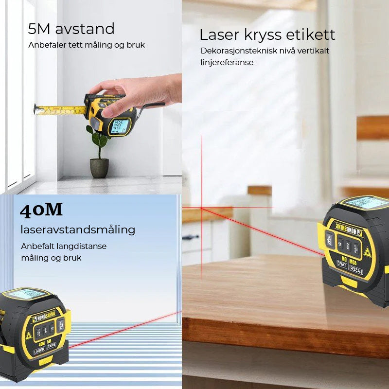 Nøyaktig 3-i-1 laserbåndmåler med LCD-skjerm, perfekt for måling av avstand, areal og volum.