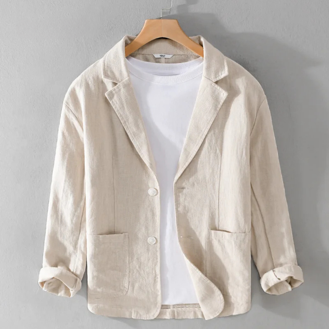 Herre linjakke i lys beige, stilren og komfortabel for vår og sommer.