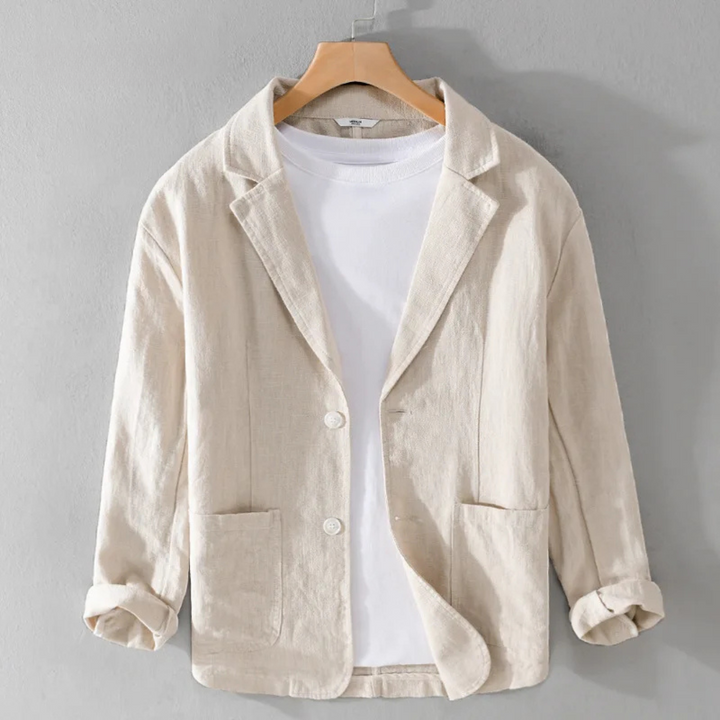 Herre linjakke i lys beige, stilren og komfortabel for vår og sommer.