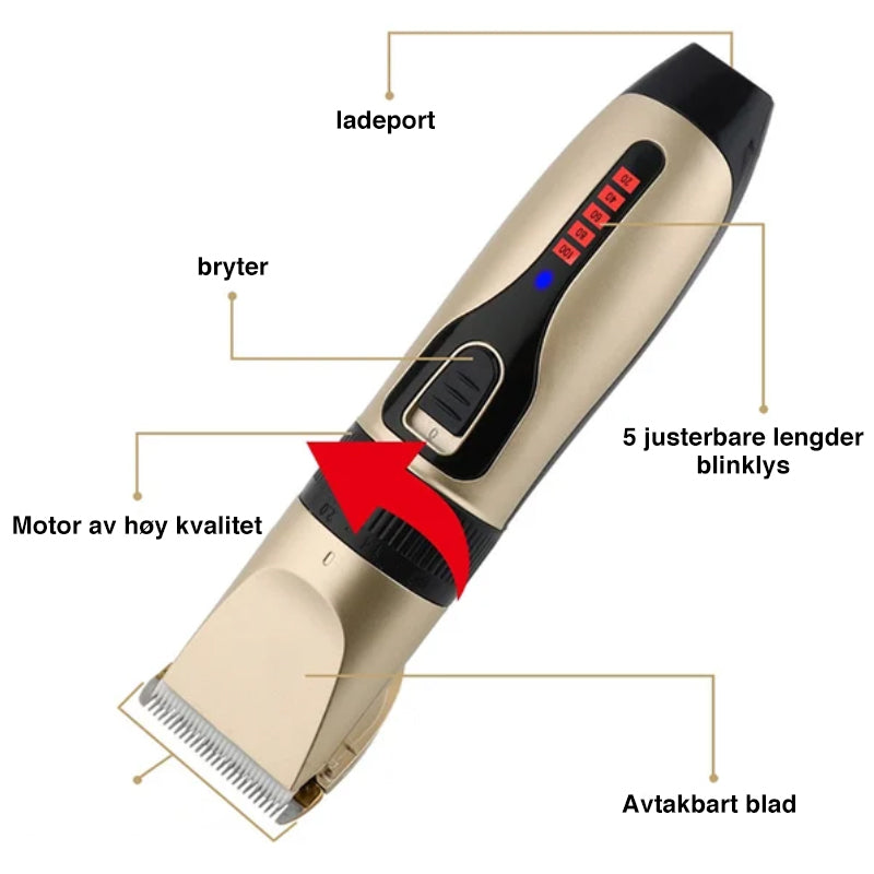 Kjæledyrtrimmer med LED-indikator for batteri, sikrer du aldri går tom for strøm under pelsstell.