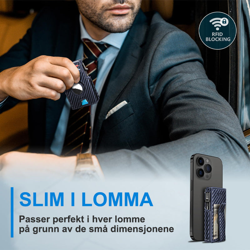Tynn menns RFID lommebok i PU-lær. Diskret design for komfortabel passform i lommen.