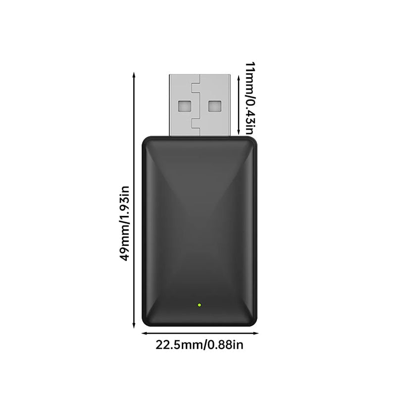 Viser trådløs CarPlay/Android Auto dongle med LED-indikator for aktiv tilkobling i bilen.