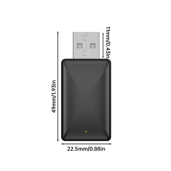 Viser trådløs CarPlay/Android Auto dongle med LED-indikator for aktiv tilkobling i bilen.