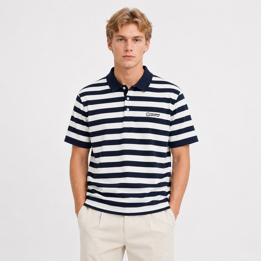 Herre stripet poloskjorte, kortermet pikéskjorte i marineblå og grå. Ideell for business casual og fritid.