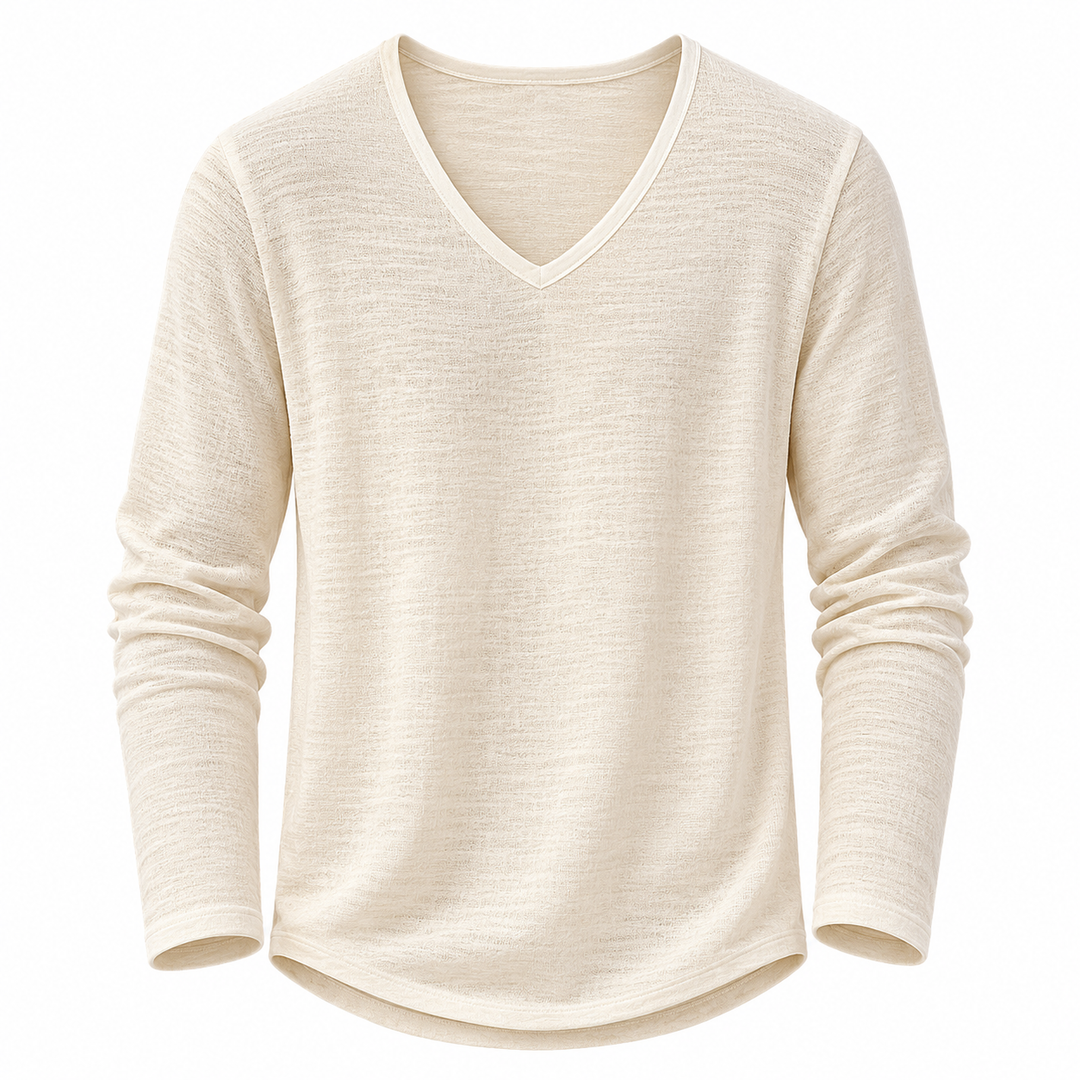 Komfortabel beige herregenser med lang erm og V-hals, løs og luftig for casual stil om våren og sommeren.