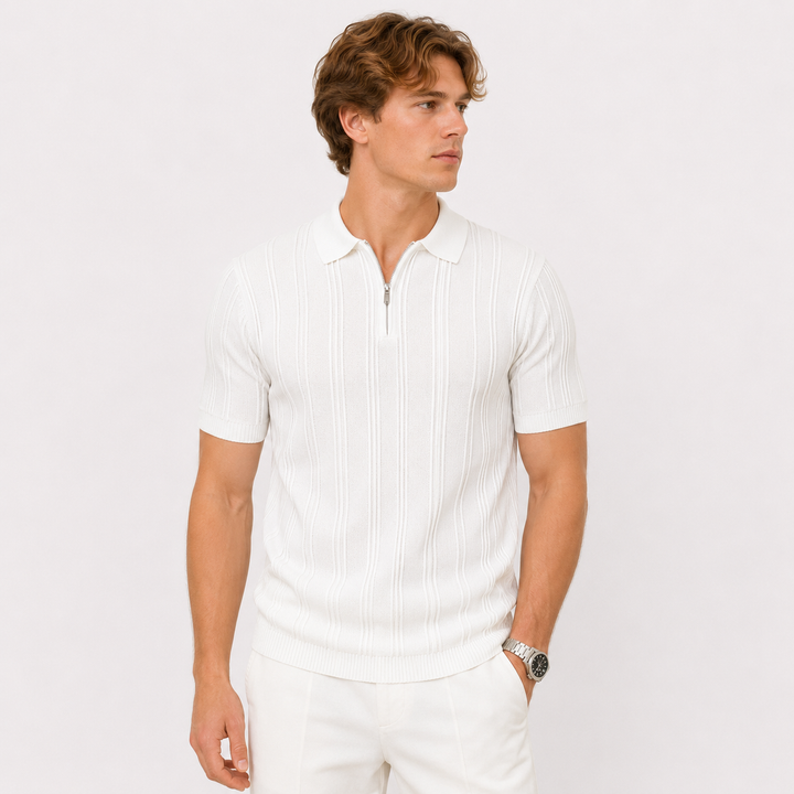 Menns vintage inspirerte strikkede polo med glidelås. Jacquardmønster, ideell for avslappet eleganse.
