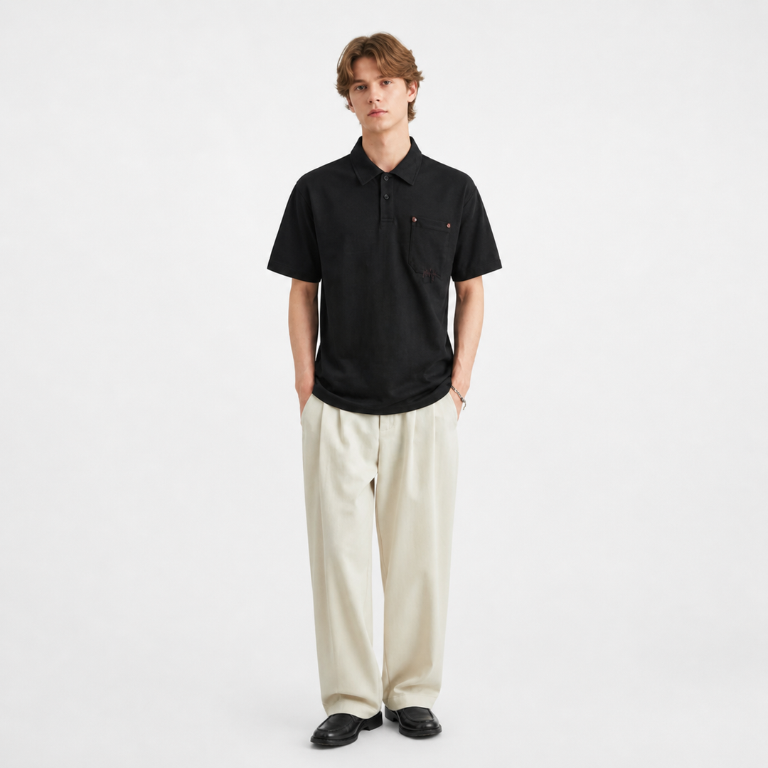 Grå herre polo t-skjorte med lomme. Komfortabel casual sommerstil med knapper for menn.