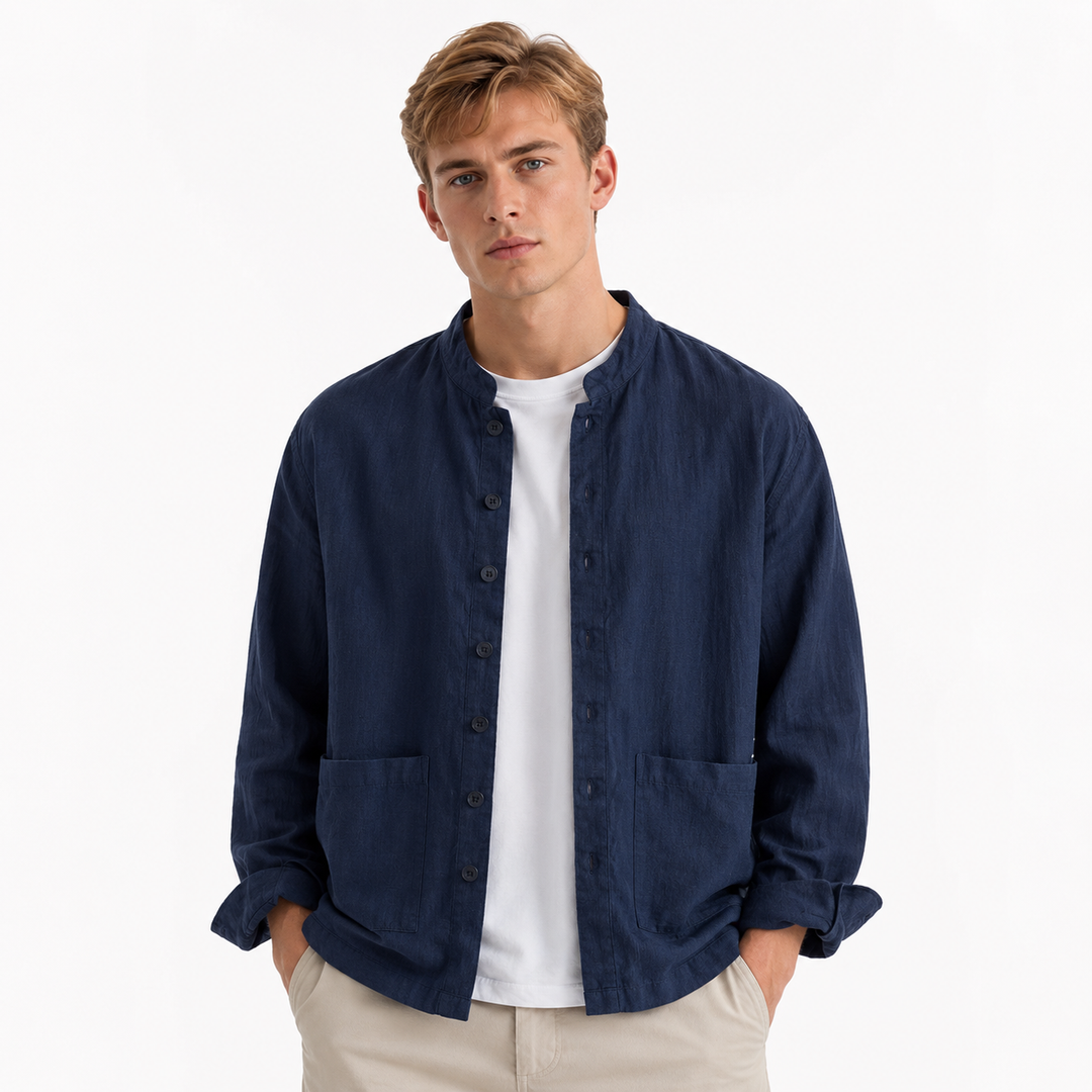 Herre skjortejakke i bomull og lin med kinakrave. Perfekt for vår og sommer, gir en casual og elegant stil.