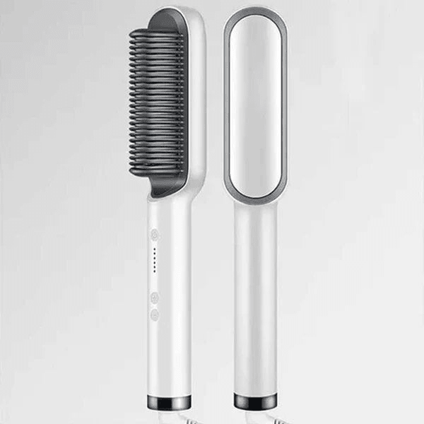 Unisex 2-i-1 hårbørste og rettetang med PTC oppvarming for glatt, frizzfritt hår og skjegg. Kompakt design.