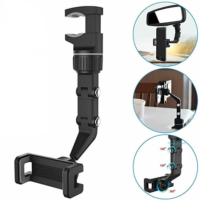 Justerbar mobilholder for ryggespeil. Fleksibel bilholder som passer de fleste telefoner.