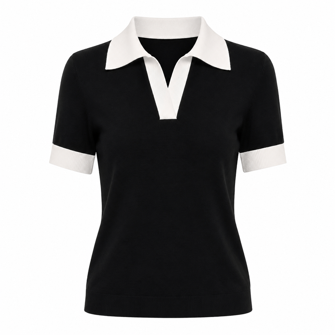 Kortermet dame polo topp med raffinerte kontrastdetaljer. Ideell for en chic sommerstil eller et pent jobbantrekk.