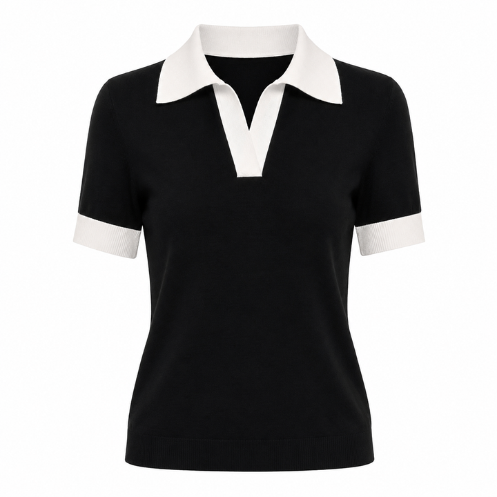 Kortermet dame polo topp med raffinerte kontrastdetaljer. Ideell for en chic sommerstil eller et pent jobbantrekk.