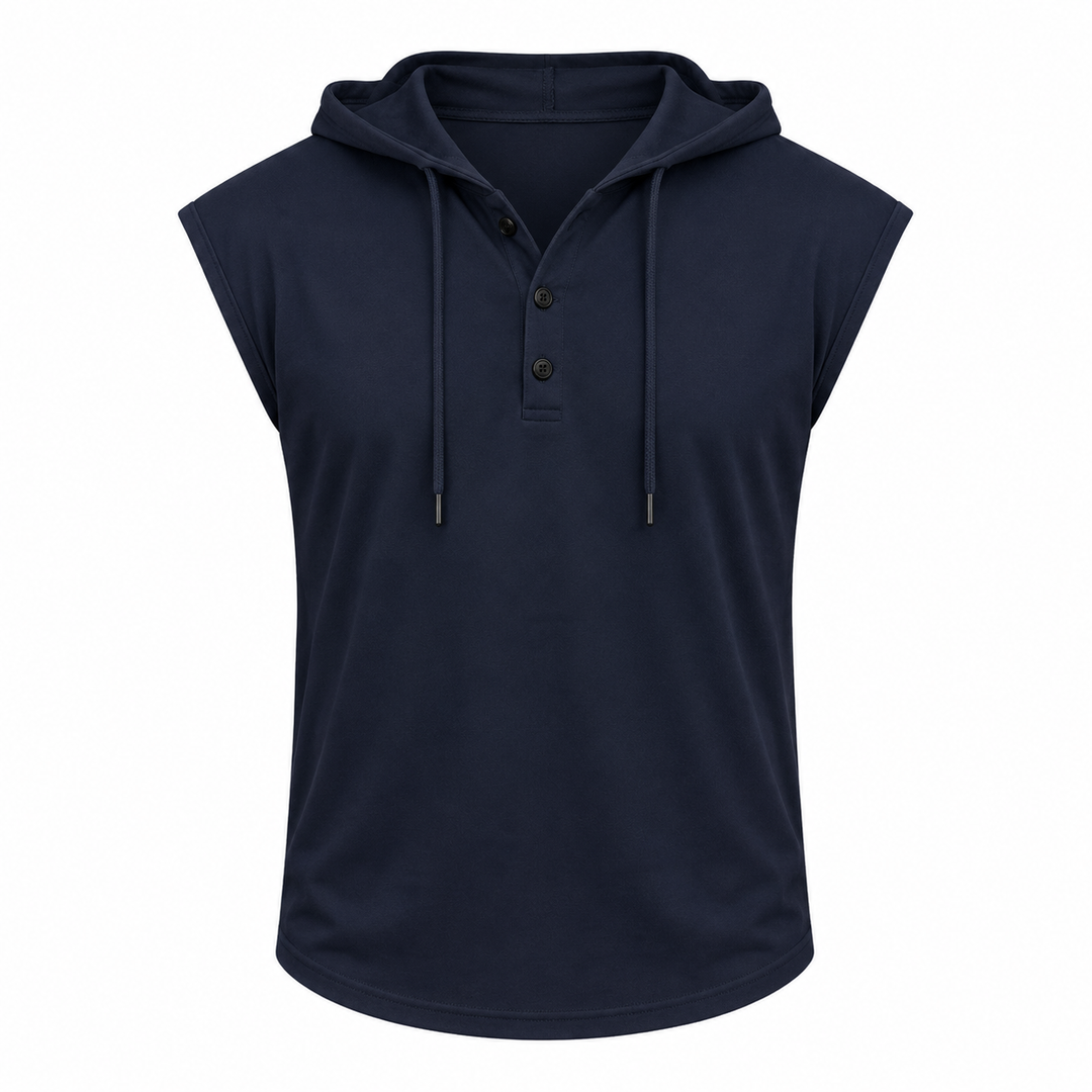 En sporty herre tanktopp med hette og justerbar snøring, designet for optimal bevegelsesfrihet.