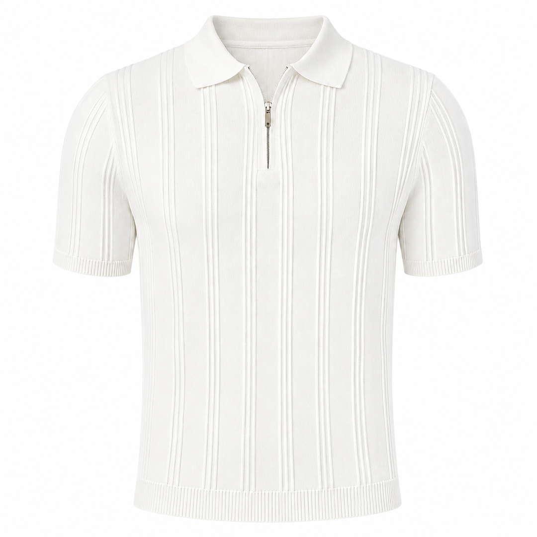 Jacquard strikket sommertopp for menn. Casual og komfortabel herre polo med praktisk glidelås.