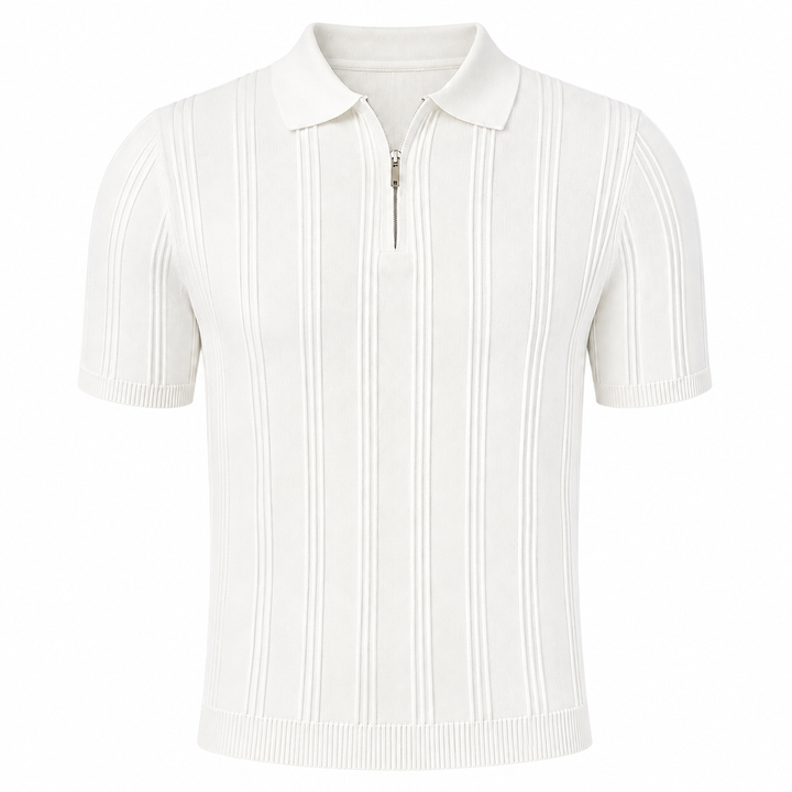 Jacquard strikket sommertopp for menn. Casual og komfortabel herre polo med praktisk glidelås.