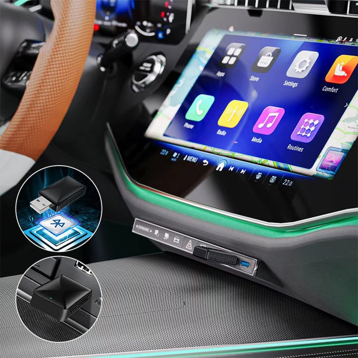 Fremtidens bil: Trådløs USB-adapter for sømløs integrasjon av CarPlay og Android Auto i dashbordet.