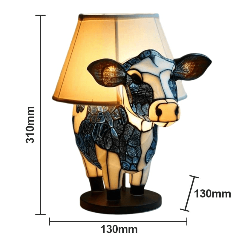 Dekorativ Highland-ku bordlampe i levende farget glass. Håndlaget unik interiørdetalj.