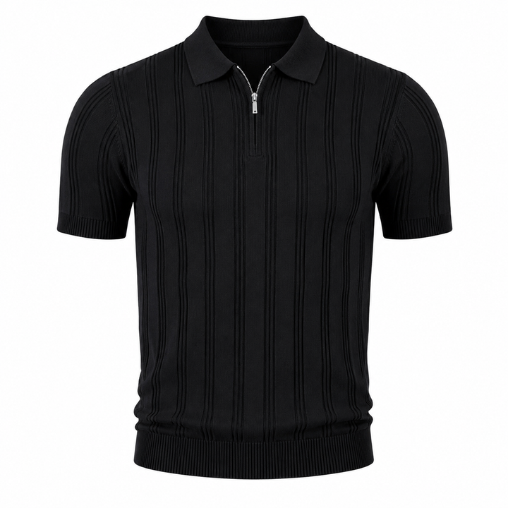 Moderne herremote: Elegant strikket polo med glidelås og vintage jacquard design for menn.