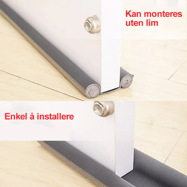Robust dobbeltsidig dørtetning i holdbart skum og vinyl. Krever lite vedlikehold, gir langvarig isolasjon.