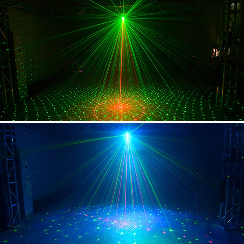 LED scenelys med fjernkontroll, projiserer fargerikt laserlys. Ideelt for party og dekorasjon.