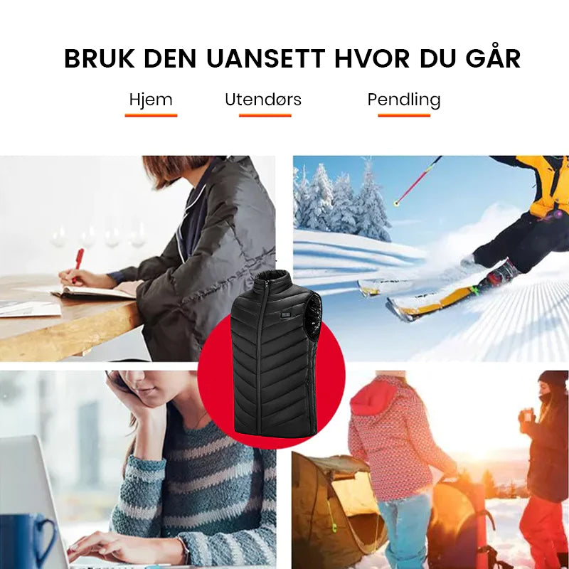Unisex elektrisk vest i sort, designet for maksimal varme og komfort under uteklær.