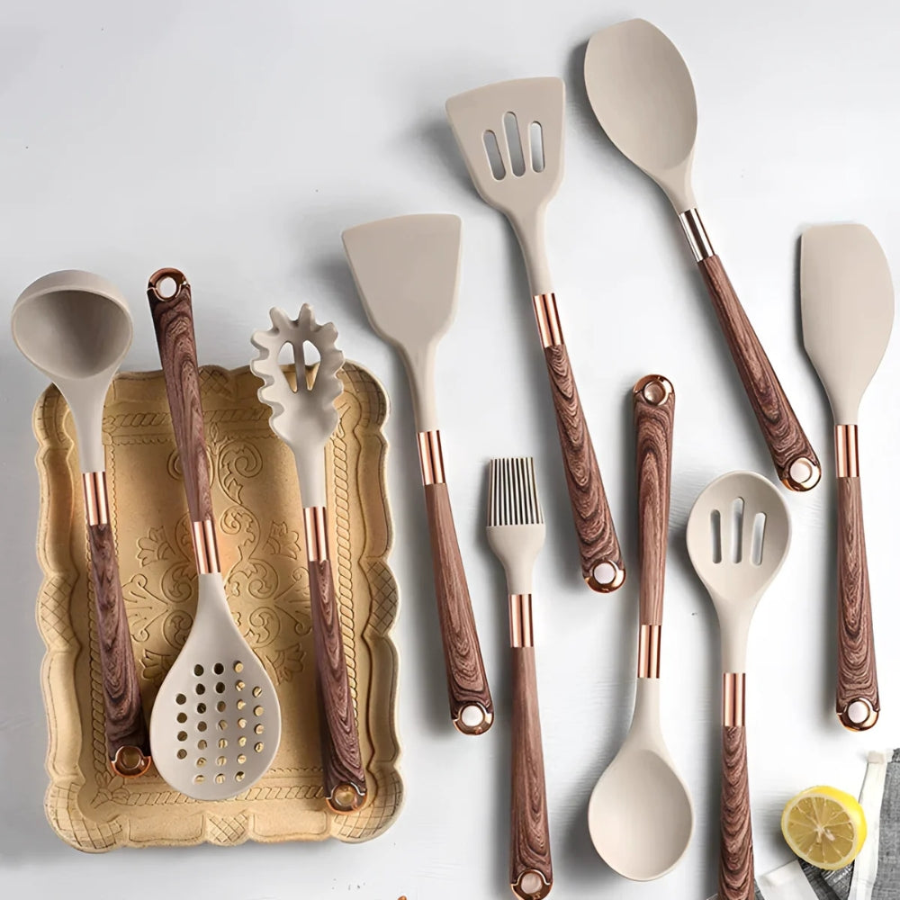 Luksus 10-dels silikon kjøkkenredskapssett, varmebestandig & non-stick for enkel matlaging og servering.