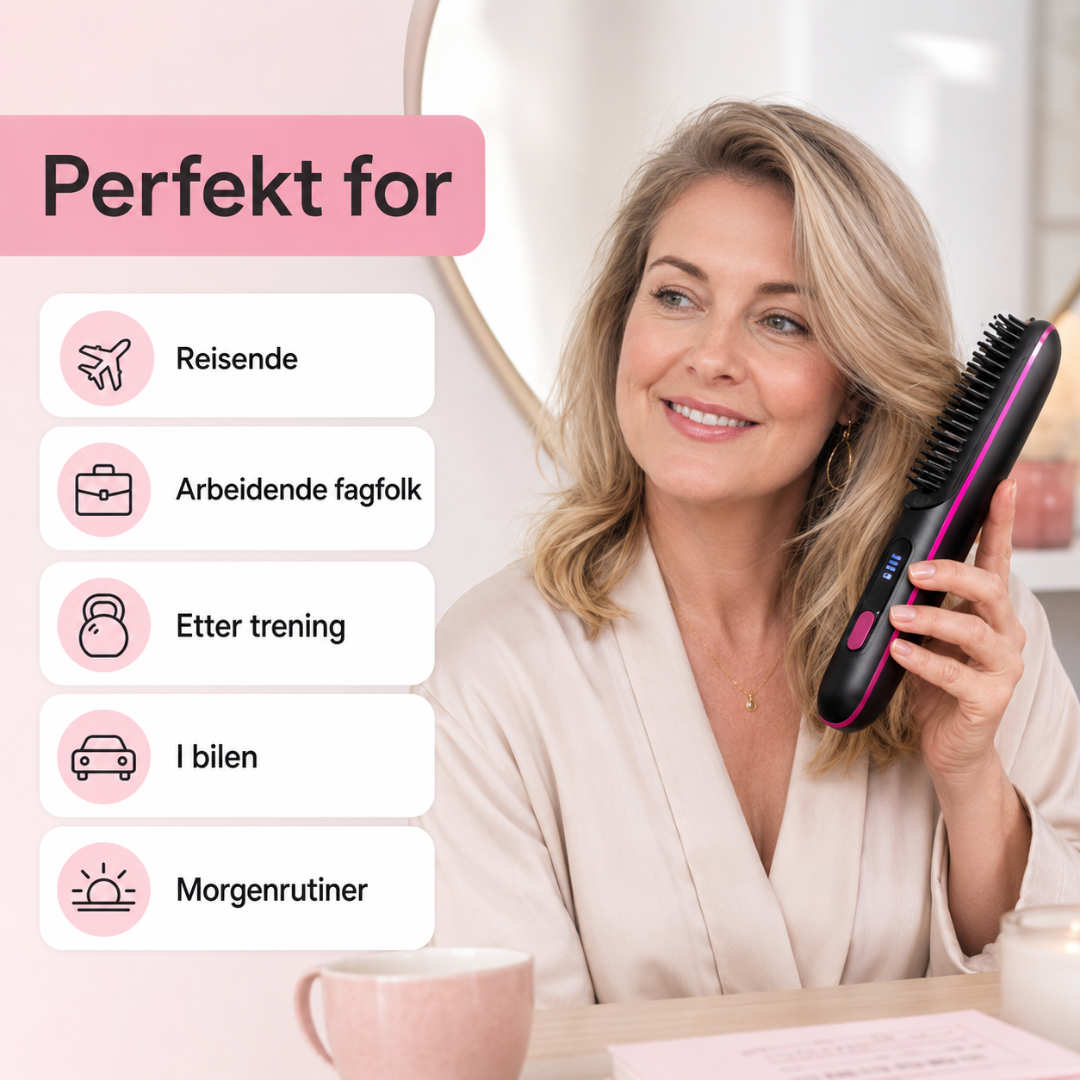 Bærbar varmbørste HeatBrush; perfekt for krusfritt, silkemykt hår uansett hvor du er.