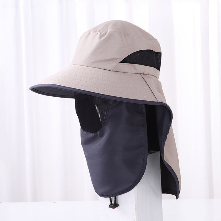 Sammenleggbar UV-solhatt ideell for camping, fiske, vandring og strand, beskytter mot sol.