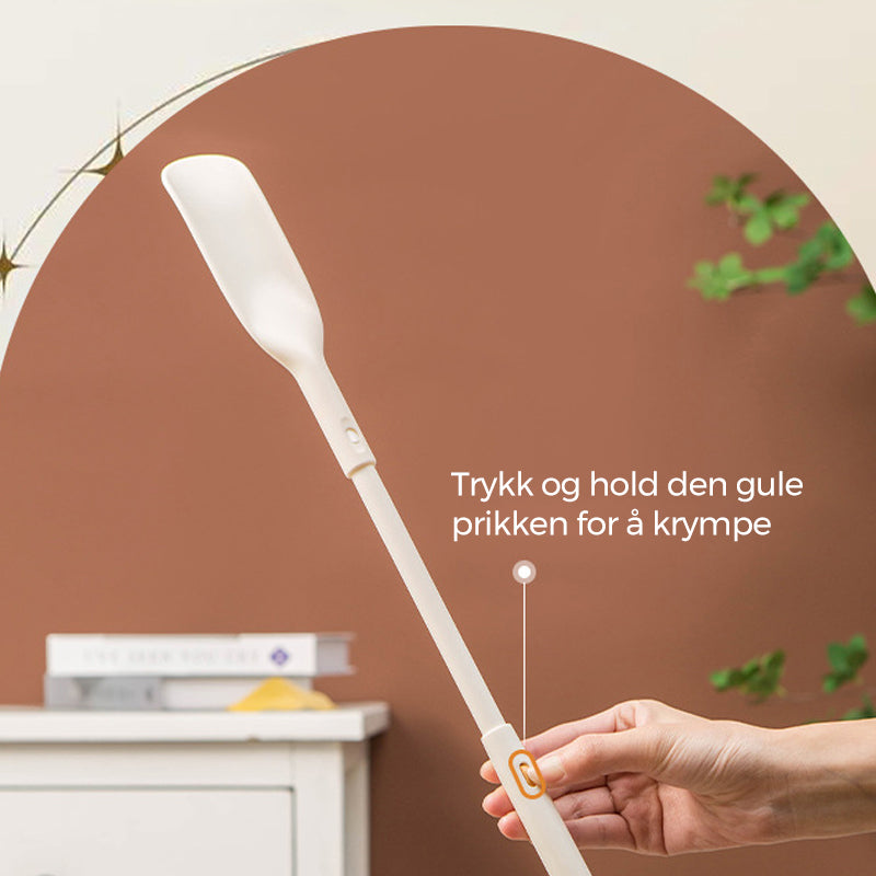 Langt, justerbart teleskopisk skohorn i lettvekt aluminium for enkel og ryggvennlig påkledning av sko.
