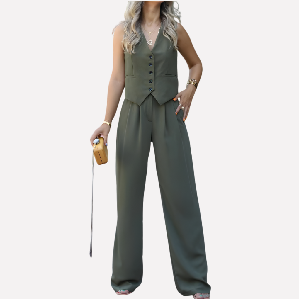 Stilig kvinnesett i mykt stoff. Ermeløs vest og matchende bukser for en elegant, komfortabel look.