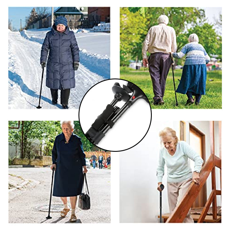 Ergonomisk ganghjelpemiddel for eldre. Teleskopisk stokk med innebygd LED-lys og panikkalarm for trygg ferdsel.