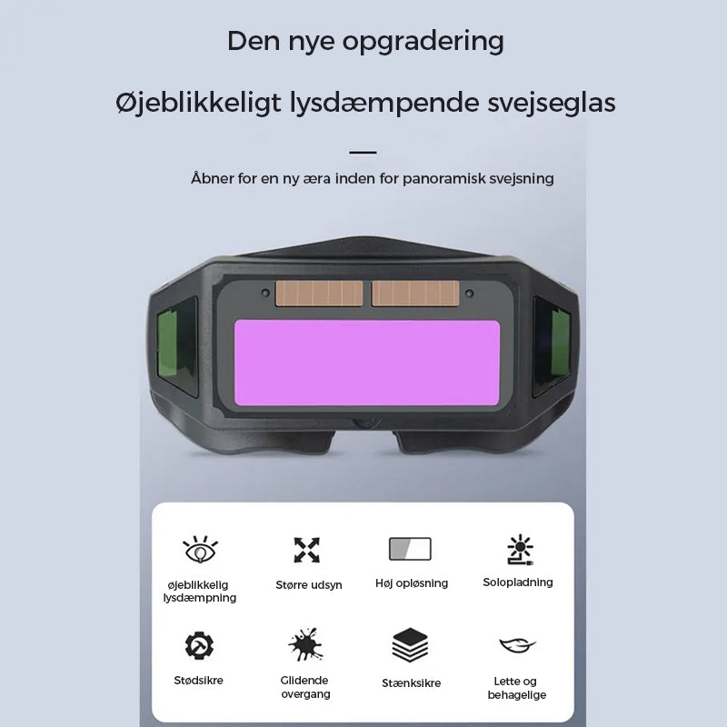 Nærbilde av automatisk dimmende sveisebriller, viser linsens avanserte øyebeskyttelse.