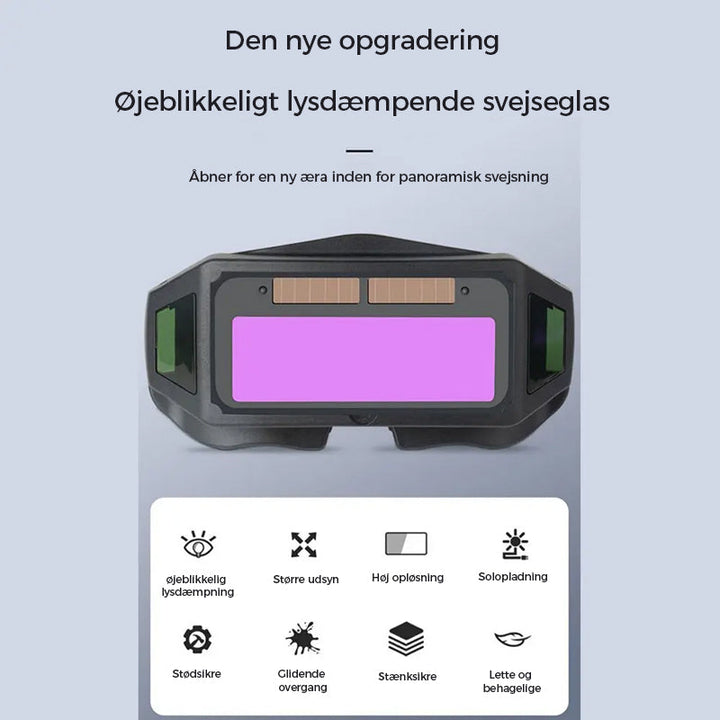 Nærbilde av automatisk dimmende sveisebriller, viser linsens avanserte øyebeskyttelse.