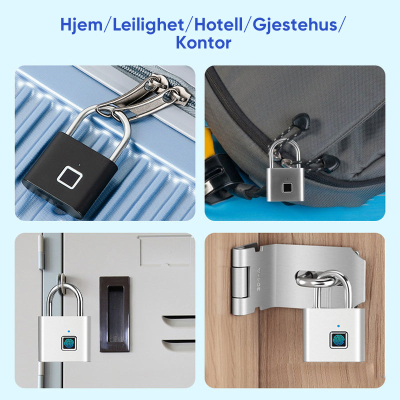 USB-ladbar fingeravtrykklås i kompakt design. Robust smartlås for nøkkelfri sikkerhet til bag og skap.