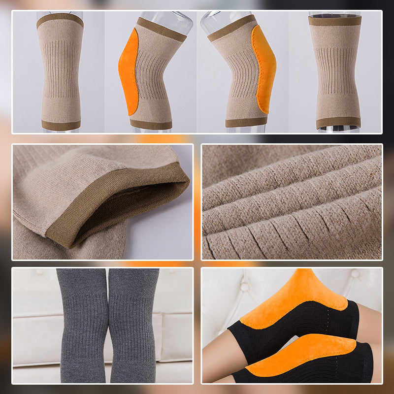 Nærbilde av teksturen på de varme unisex strikkede knebeskytterne, viser mykhet og kvalitet.