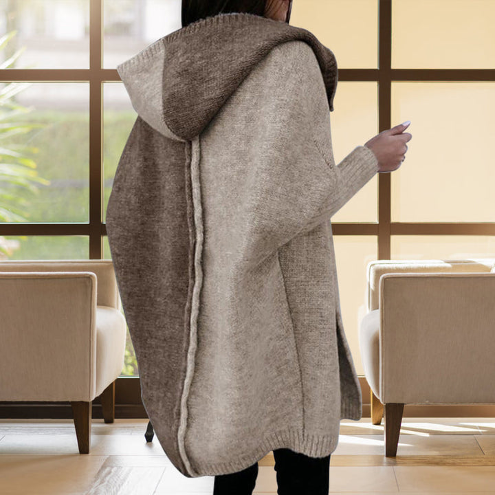 Myk akryl fargeblokk cardigan med hette for kvinner, ideell for kaldere dager.