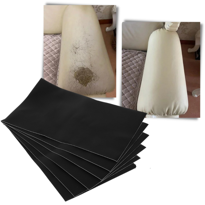 Hvit selvklebende skinnlapp reparerer skade på veske i syntetisk skinn. Ideell for klær og DIY-prosjekter.