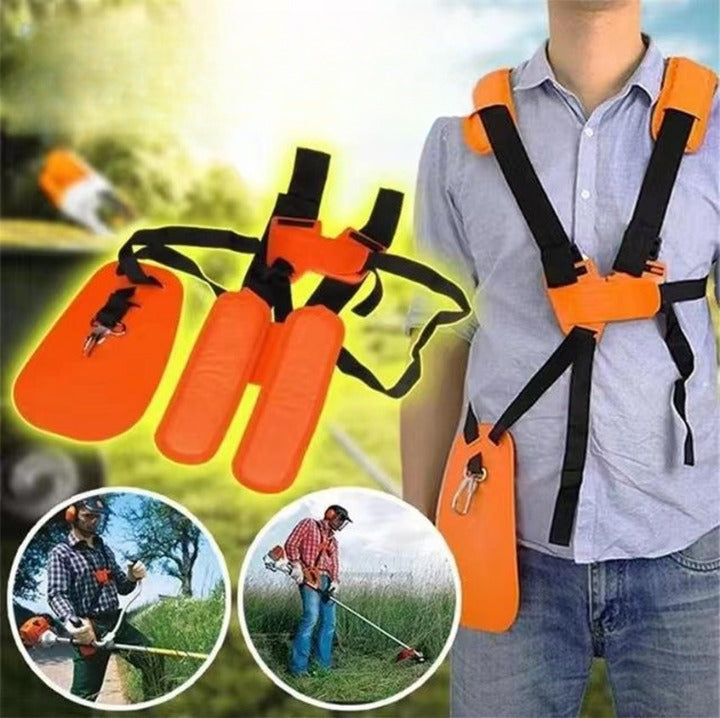 Kraftig orange skulderstropp for hagetrimmere og ryddesager; universell design, optimal komfort for utendørs bruk.