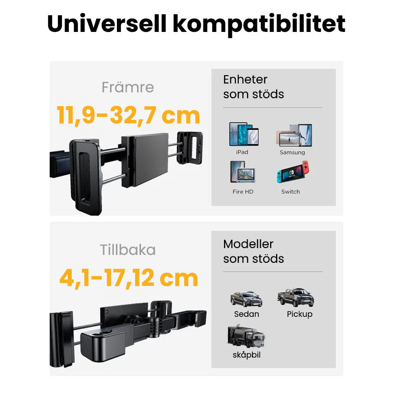 Nettbrettholder for baksetet, festes til nakkestøtten; gir håndfri underholdning på bilturer.