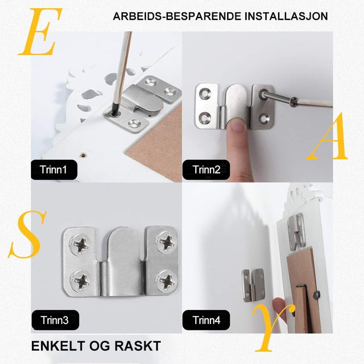 Enkel montering av møbler og hyller med solide sammenlåsende metallkroker. Ideelt veggfeste.