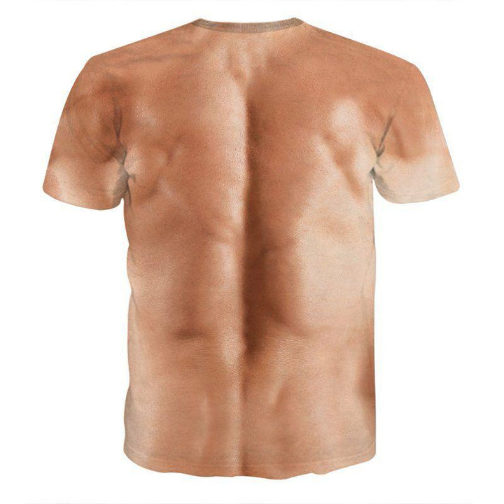 Kortermet herre t-skjorte i polyester med morsom 3D print av falske muskler og tatovering.