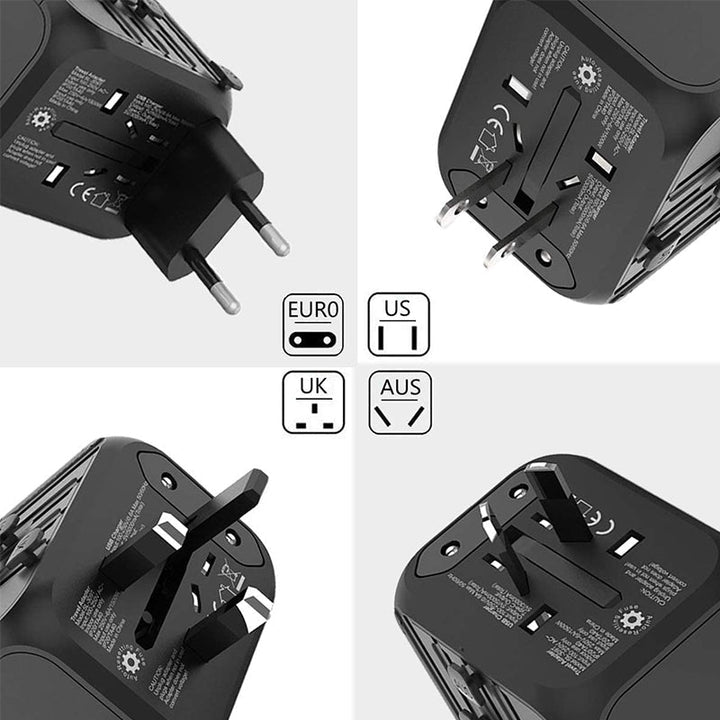 Allsidig universell reiseadapter og USB-lader, kompatibel med uttak i mange land.