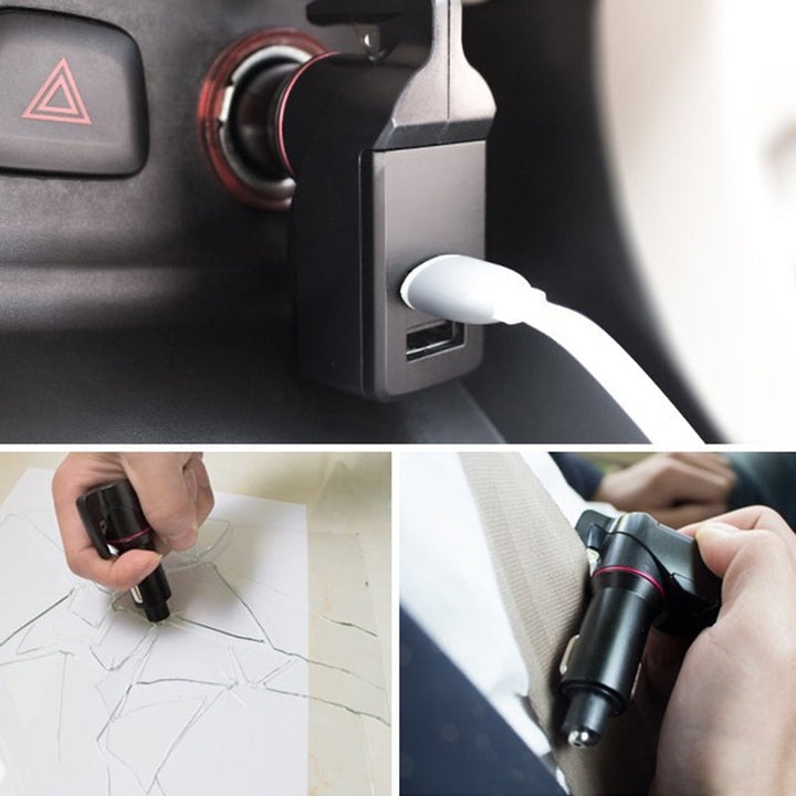 Viktig bilsikkerhetsverktøy: Vindusknuser, beltekutter og USB-lader. Nødflukt lettgjort.