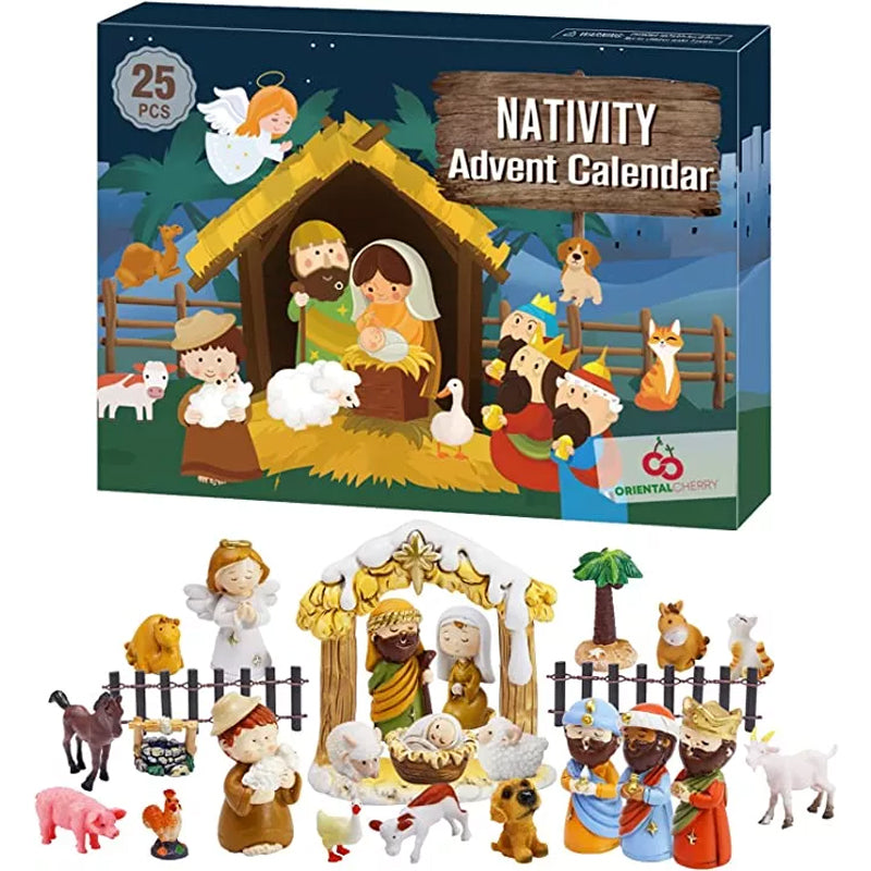 Festlig julekalender boks for barn med bilder av julekrybben, klar til å åpnes hver dag.