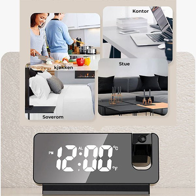 Klar og presis digital tidsvisning med 12/24-timers format, lett å lese i mørket med projeksjon.