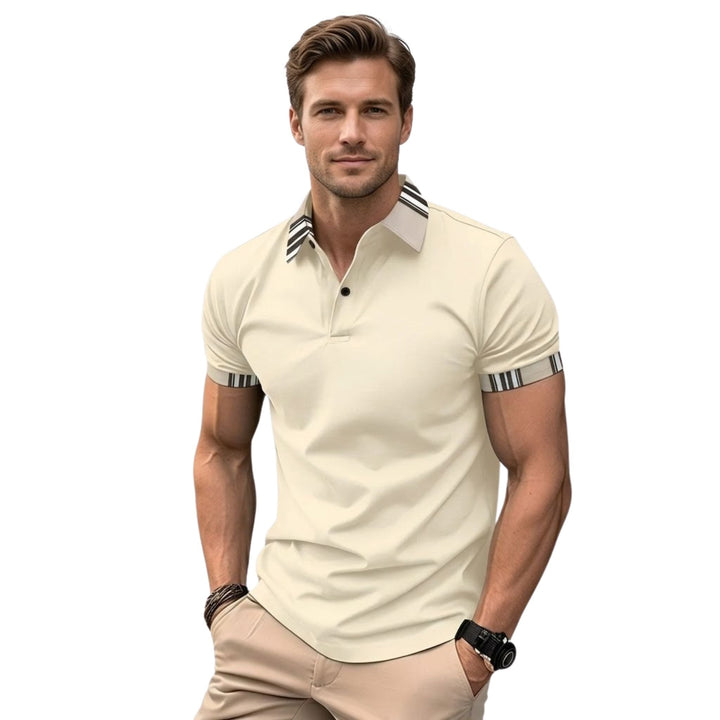 Herre stripete t-skjorte i polyester med klassisk krage, korte ermer. Komfortabel sommer t-skjorte for menn.