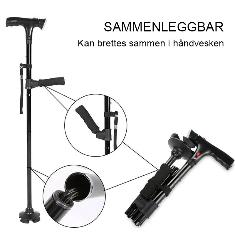 Justerbar teleskopisk stokk gir solid støtte og balanse for eldre. Med LED-lys og alarm for mobilitet og sikkerhet.